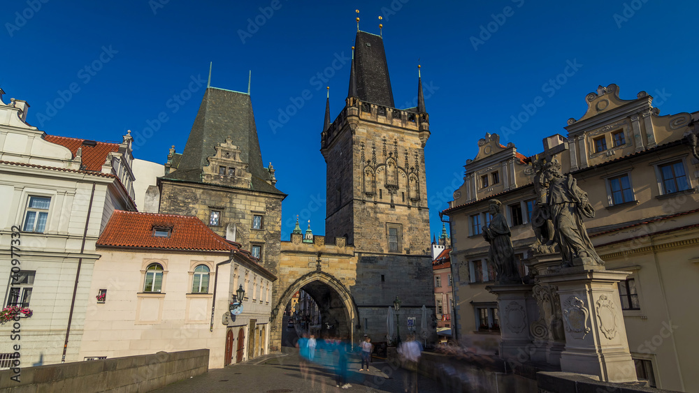 A view along Charles Bridge in Prague towards the Lesser Quarter in the morning timelapse hyperlapse. A view along Charles Bridge in Prague towards the Lesser Quarter in the morning timelapse hyperlapse.
