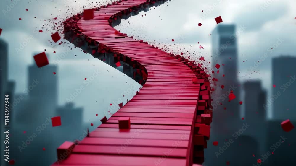 Escalier rouge courbé montant vers le haut avec des particules autour. Curved red staircase rising to the top with particles around it.