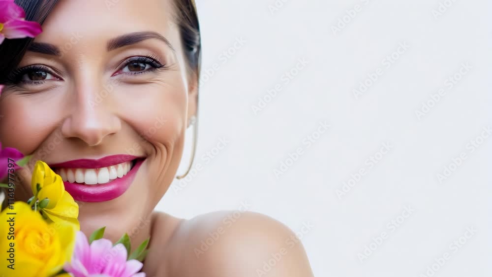 Femme avec un bouquet de fleurs colorées sur fond blanc. Woman with a bouquet of colorful flowers on a white background.
