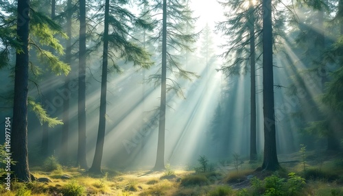 Atmospheric Woodland Trail in Foggy Forest with Sunbeams Piercing Through Ancient Pine Tree Canopy photo