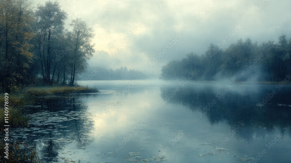 Misty river, autumn trees, tranquil reflection. Misty river, autumn trees, tranquil reflection.