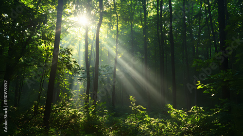 A dense woods brimming with numerous arboreal entities and beams of radiant sunlight permeating through the foliage in the heartland of the wooded expanse. Arboreal. Illustration photo