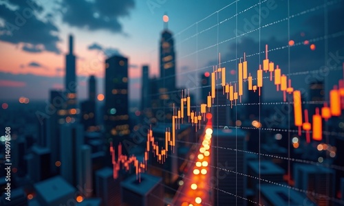 Financial district cityscape stock market chart overlay candlestick