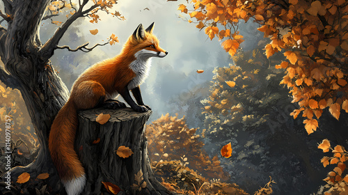 A fox perched on a stumped tree, adjacent to a leaf-hearted arboreal companion. Arboreal. Illustration