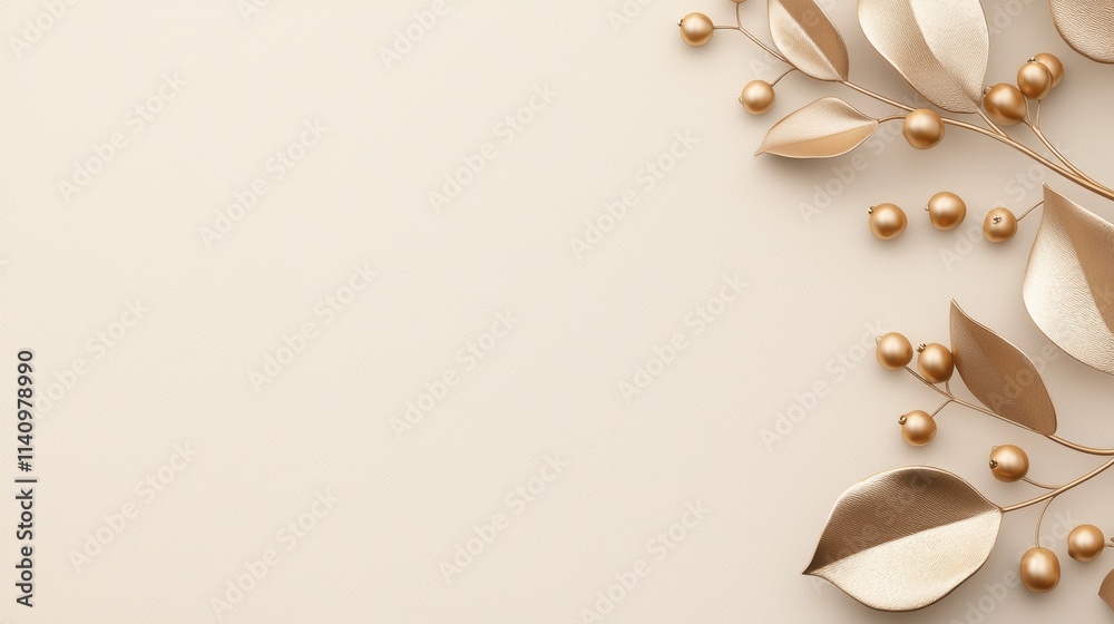 Flat lay of a branch with gold leaves and small gold beads. the leaves are arranged in a way that they are overlapping each other, creating a border around the image. Flat lay of a branch with gold leaves and small gold beads. the leaves are arranged in a way that they are overlapping each other, creating a border around the image.