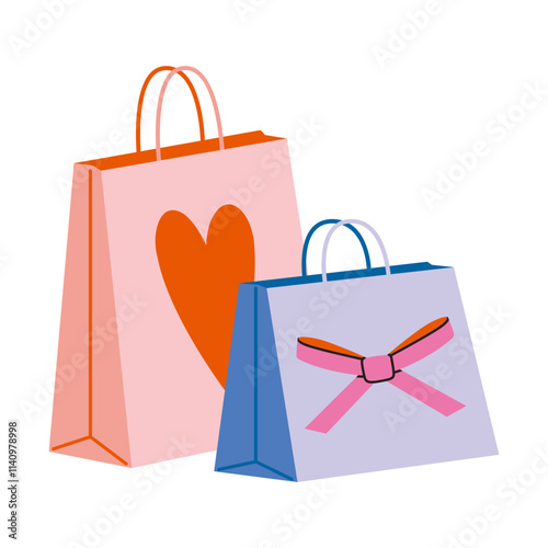 Valentines, Christmas and New Year gifts package, paper bags with festive decorations like heart and bow. Trendy modern vector illustration isolated on white background, hand drawn, flat design