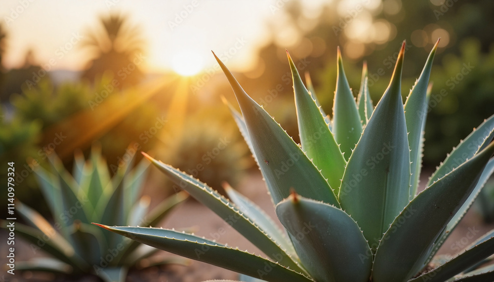 Fototapeta premium Agave plants in desert garden with golden sunset light.