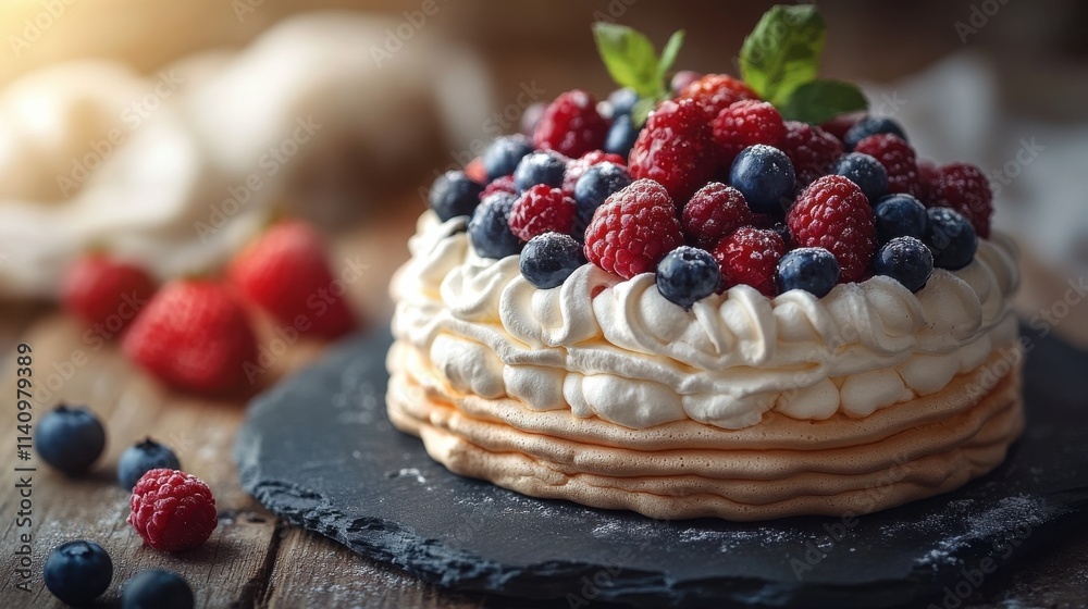 Delicate pavlova with meringue berries and elegant presentation Delicate pavlova with meringue berries and elegant presentation