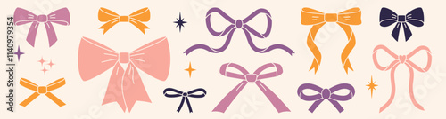 Beautiful pastel ribbon bow set, decorative bowknot for gift packaging. Coquette and balletcore aesthetic, girly accessory. Trendy modern vector illustration, flat design