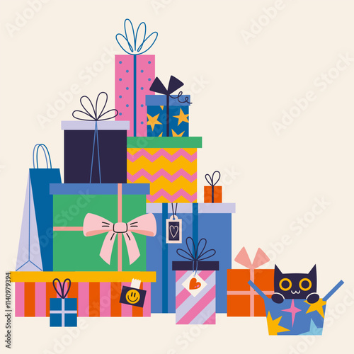 Mountain, pile of gifts. Festive, Christmas or Birthday presents package. Boxes and bags with decorations like ribbons and bows, wrapping. Trendy modern isolated vector illustration, hand drawn, flat