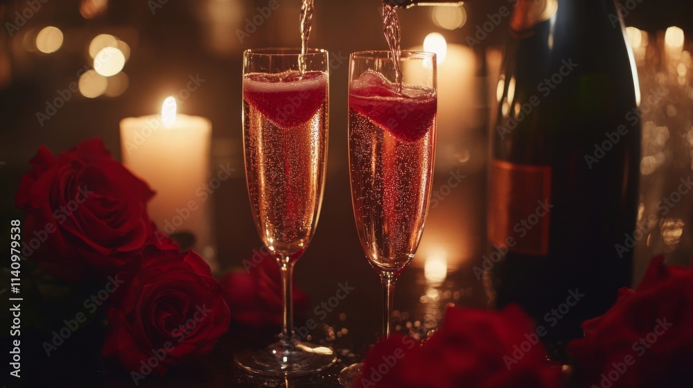 Romantic Champagne Toast With Red Roses And Candles Romantic Champagne Toast With Red Roses And Candles