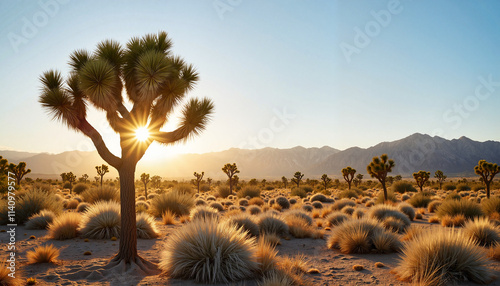 Joshua tree at sunrise in desert landscape. photo