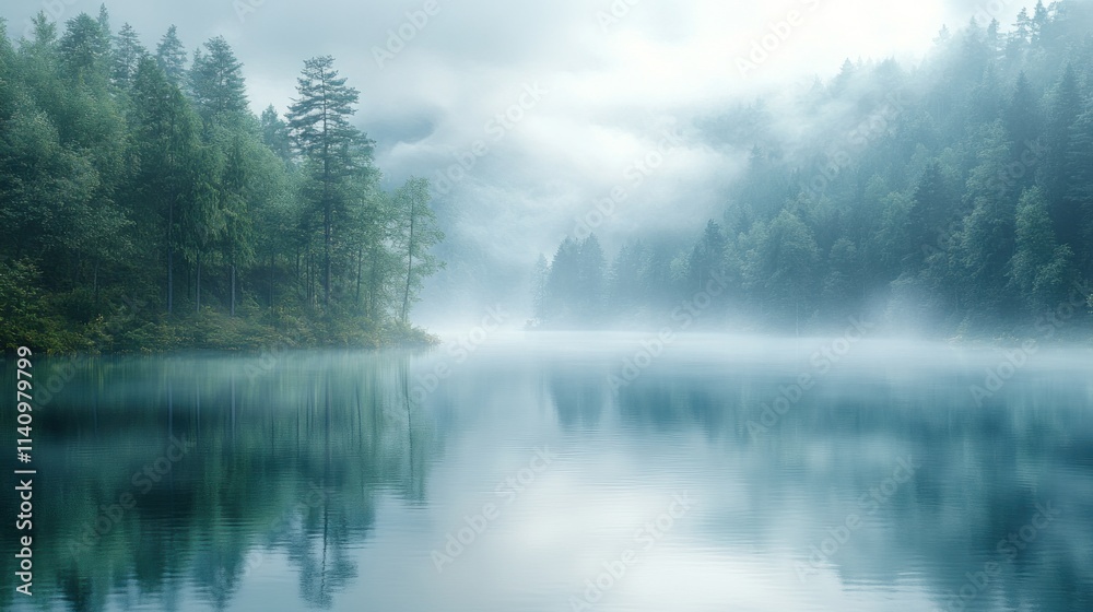 Misty lake, tranquil forest reflection. Misty lake, tranquil forest reflection.