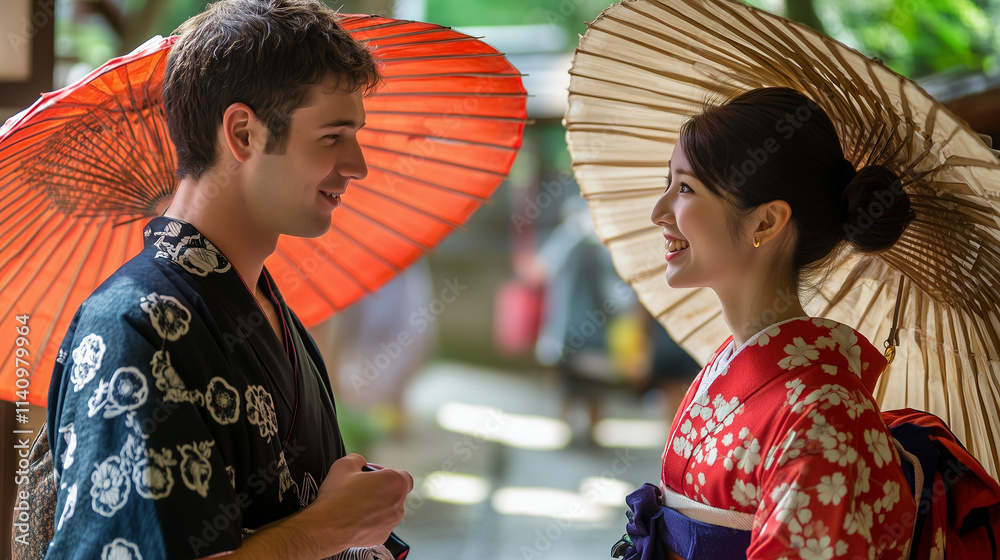 Obraz premium Western man and japanese woman wearing traditional kimono and holding umbrellas, smiling and looking at each other