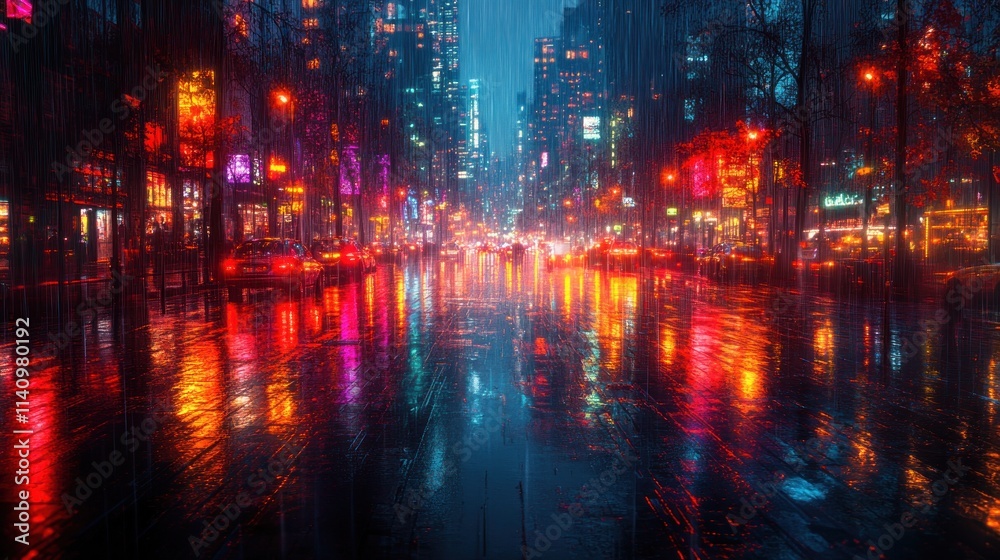 Fototapeta premium Rainy city street, neon lights reflected in wet asphalt.
