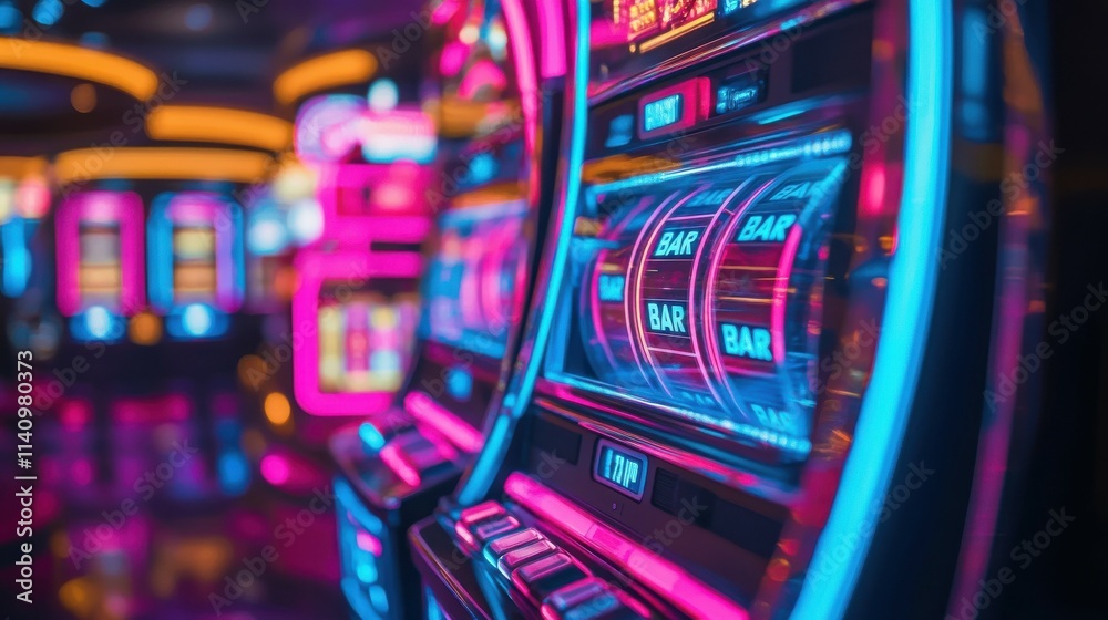 Array of colorful slot machines illuminated with bright lights, showcasing the allure of chance and luck. Array of colorful slot machines illuminated with bright lights, showcasing the allure of chance and luck.