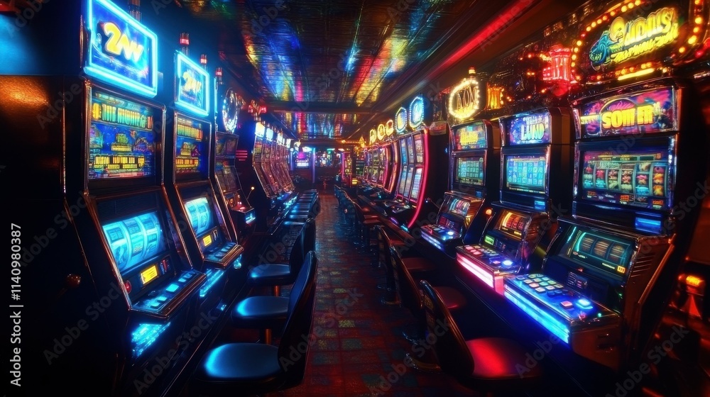 Array of colorful slot machines illuminated with bright lights, showcasing the allure of chance and luck. Array of colorful slot machines illuminated with bright lights, showcasing the allure of chance and luck.