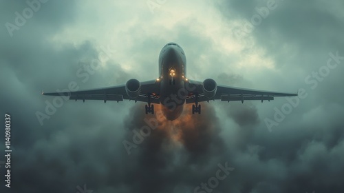 Airplane taking off, with trails of smoke marking its ascent into the clouds