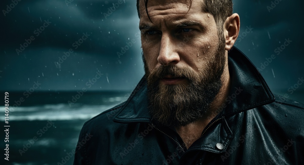 Brooding caucasian male in stormy weather by ocean Brooding caucasian male in stormy weather by ocean