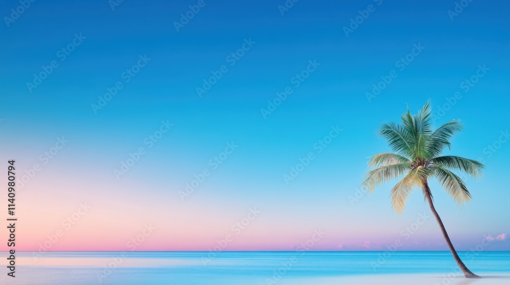 Obraz premium Serene Tropical Beach Scene with Palm Tree and Tranquil Ocean Under Soft Gradient Sky at Sunset