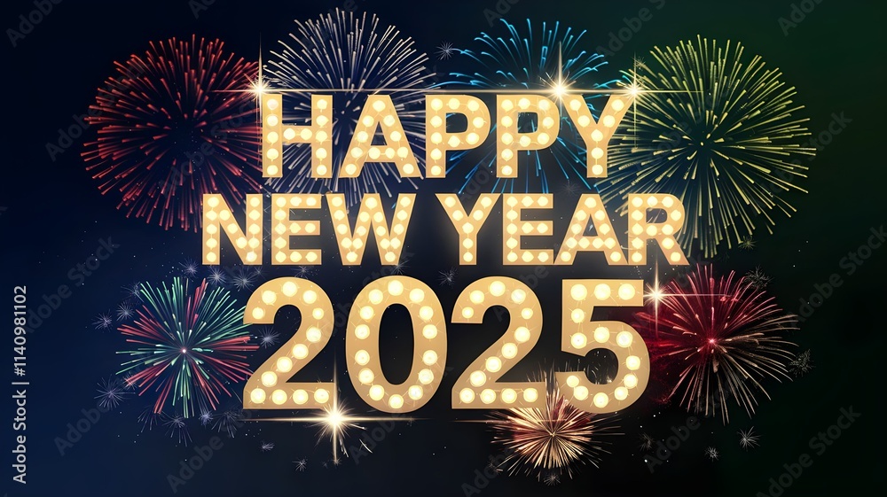 Happy New Year 2025 glowing golden text with vibrant fireworks in night sky. Festive celebration concept for banners, posters, and greeting cards Happy New Year 2025 glowing golden text with vibrant fireworks in night sky. Festive celebration concept for banners, posters, and greeting cards