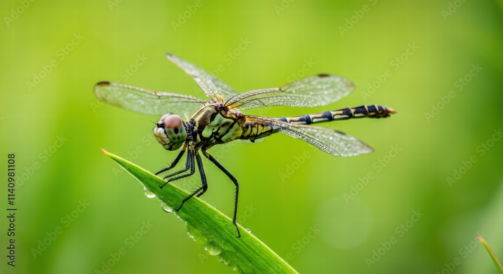 Dragonfly on leaf with dew drops in lush green environment Dragonfly on leaf with dew drops in lush green environment