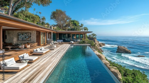 Beach house with a large deck and ocean view.