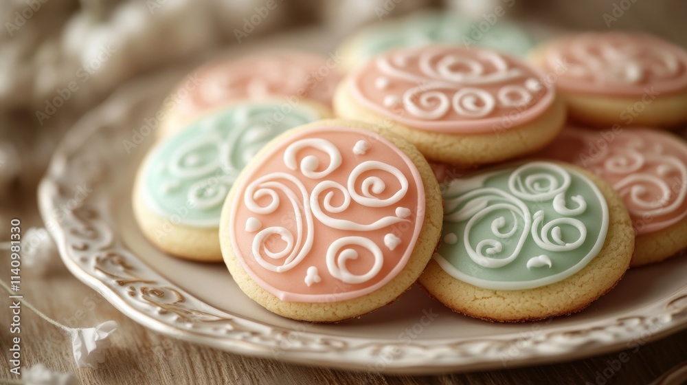 Decorated sugar cookies on rustic table under soft light Decorated sugar cookies on rustic table under soft light