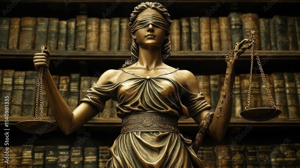 Blindfolded figure holding scales of justice against a backdrop of books Blindfolded figure holding scales of justice against a backdrop of books