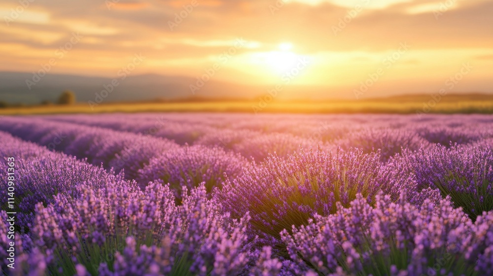 Naklejka premium Blooming lavender field at golden hour, glowing softly