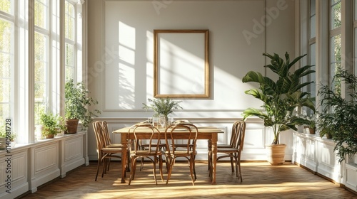 Bright dining room with an empty frame on the buffet