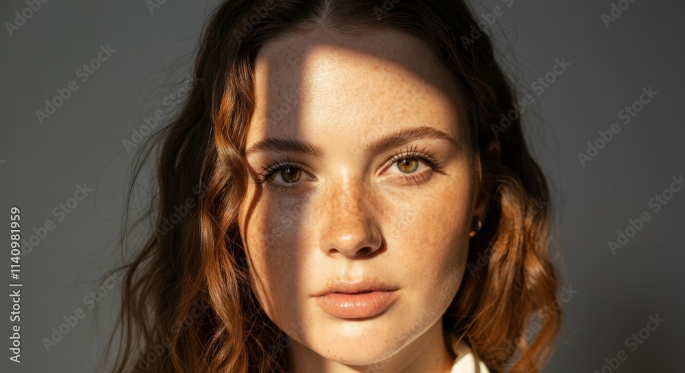 Young caucasian female with freckles in dramatic lighting Young caucasian female with freckles in dramatic lighting
