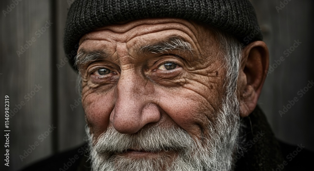 Elderly caucasian male wearing beanie with wrinkled face Elderly caucasian male wearing beanie with wrinkled face