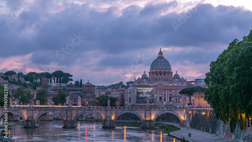 St. Peter's Basilica, Saint Angelo Bridge and Tiber River after the sunset day to night timelapse
