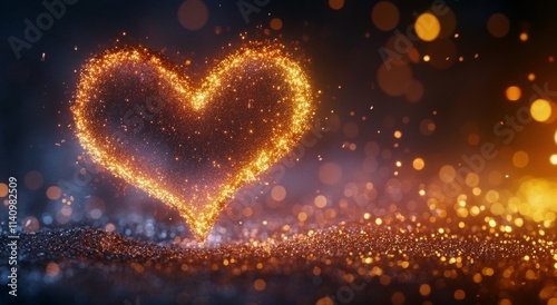 Sparkling heart shape glowing in dark background with bright bokeh effects during nighttime