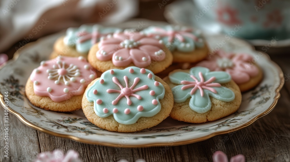 Sugar cookies featuring intricate floral designs on rustic table Sugar cookies featuring intricate floral designs on rustic table