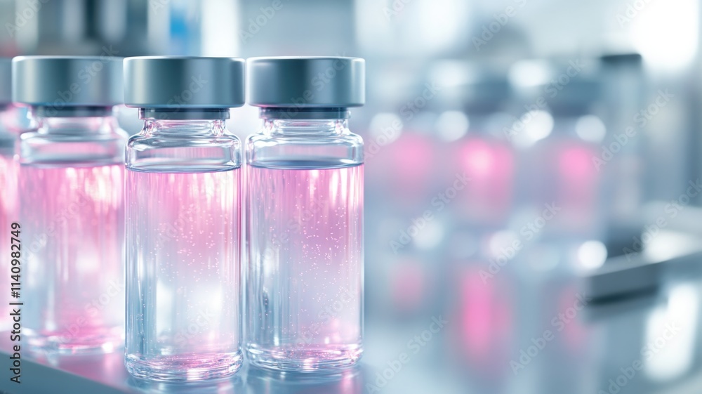 Vials of medical solution in laboratory setting for virus research and pharmaceutical development Vials of medical solution in laboratory setting for virus research and pharmaceutical development