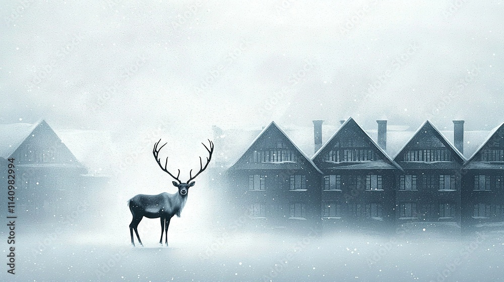 Fototapeta premium A deer standing in front of a row of houses in a foggy area with snow falling on the ground