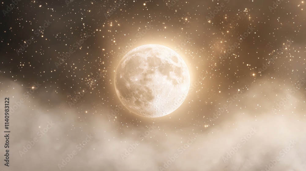 Digital illustration of a full moon in the night sky. the moon is in the center of the image, with a golden hue and appears to be glowing brightly. Digital illustration of a full moon in the night sky. the moon is in the center of the image, with a golden hue and appears to be glowing brightly.