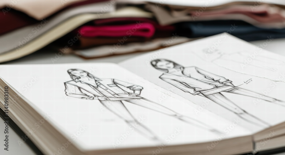 Fashion design sketches featuring outfits with fabric samples in background Fashion design sketches featuring outfits with fabric samples in background