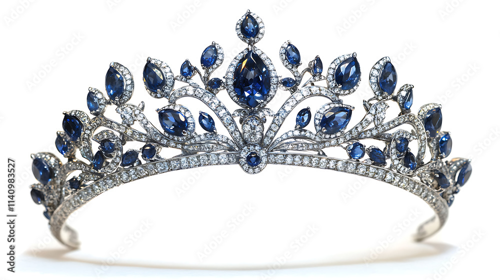 Tiara made of silver set with sapphires and diamonds on white Tiara made of silver set with sapphires and diamonds on white