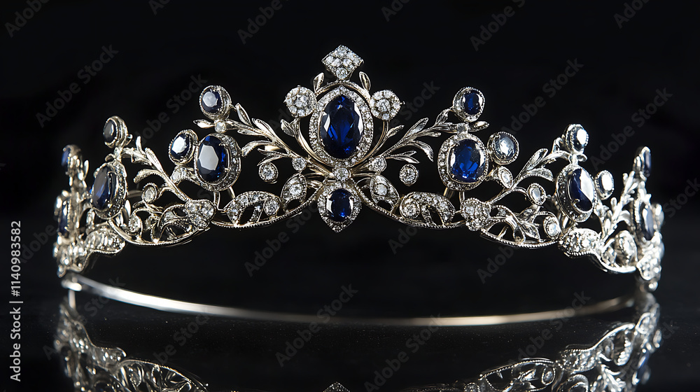 Tiara made of silver set with sapphires and diamonds on white