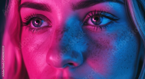 Close-up of young caucasian female with freckles in neon pink and blue lighting