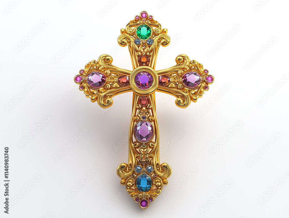 Obraz premium Golden orthodox cross with gems, religious symbol, generated ai 