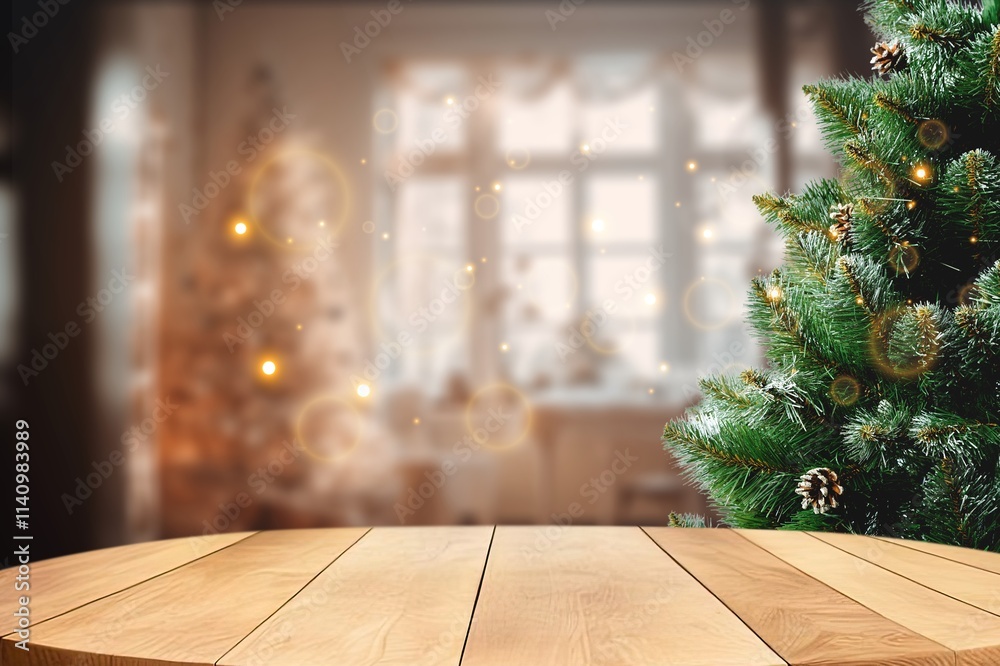 empty christmas table top with christmas tree in room empty christmas table top with christmas tree in room