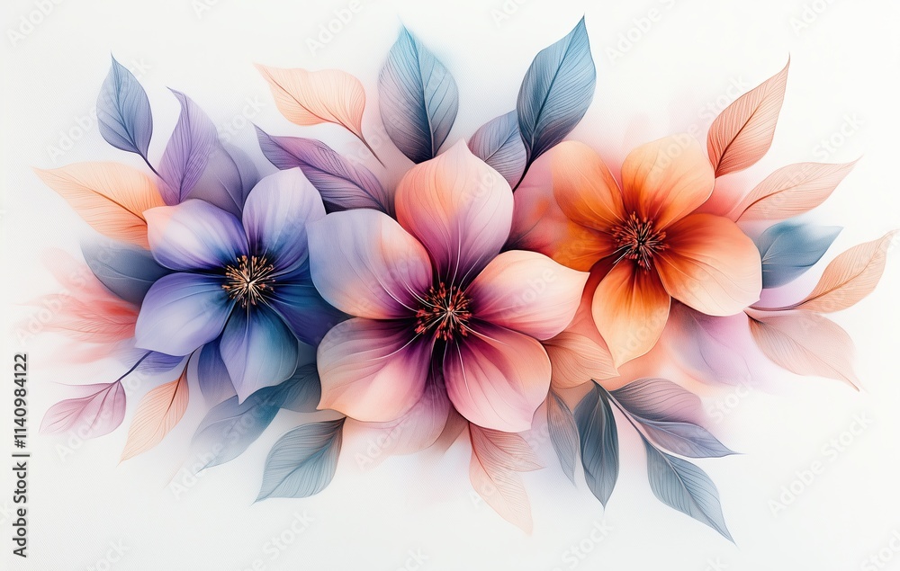 Fototapeta premium Delicate Watercolor Flowers in Pink and Blue