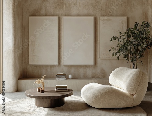 Bright, cozy living room featuring empty frames and indoor plants at midday