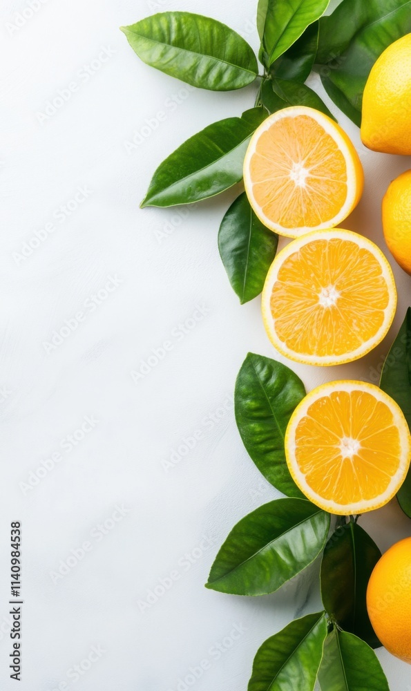 Fresh and Juicy Oranges with Green Leaves on a Light Background for Healthy Lifestyle Concepts Fresh and Juicy Oranges with Green Leaves on a Light Background for Healthy Lifestyle Concepts
