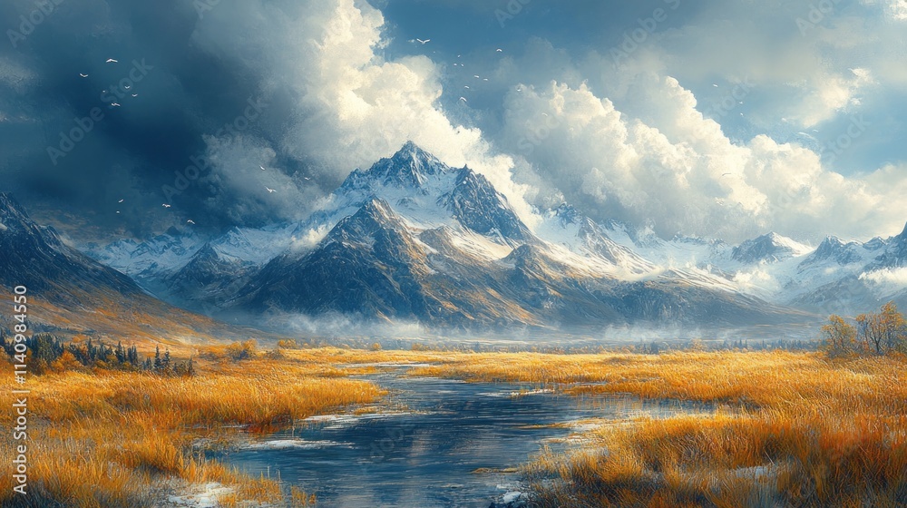 Fototapeta premium Serene autumn river valley, snow-capped mountains.