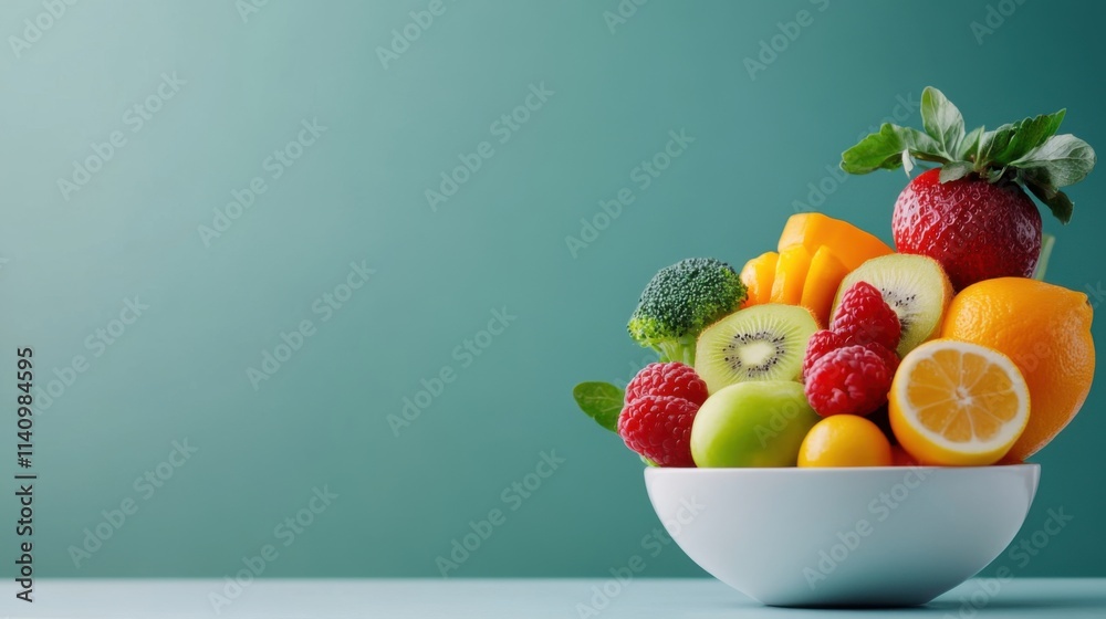 Colorful Arrangement of Fresh Fruits and Vegetables in a White Bowl on a Green Background Colorful Arrangement of Fresh Fruits and Vegetables in a White Bowl on a Green Background